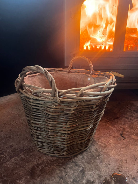 Small round Hessian Lined Log Basket