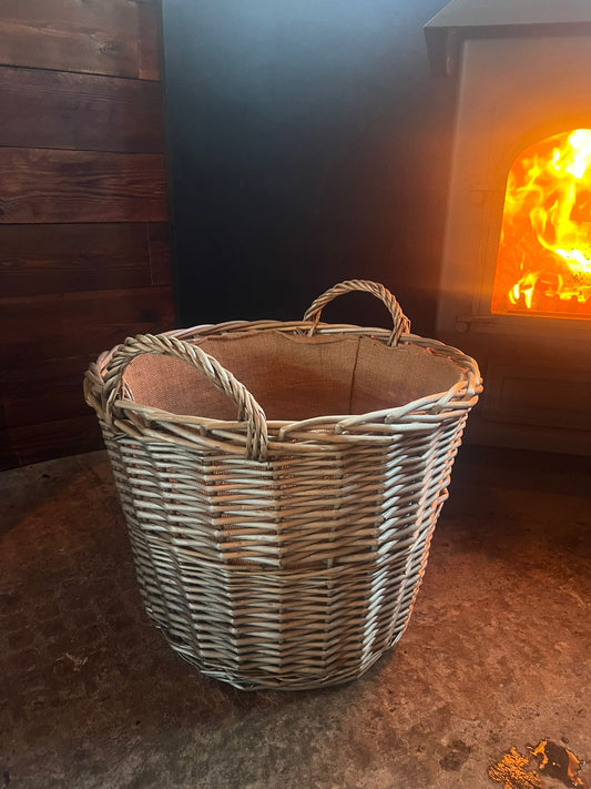 Large round Hessian Lined Log Basket